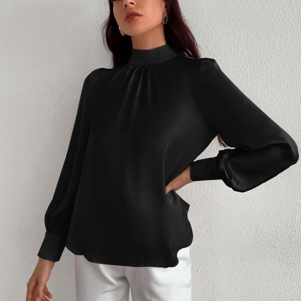 Classic High Neck pleated Satin long sleeve Top - Picture 5 of 11
